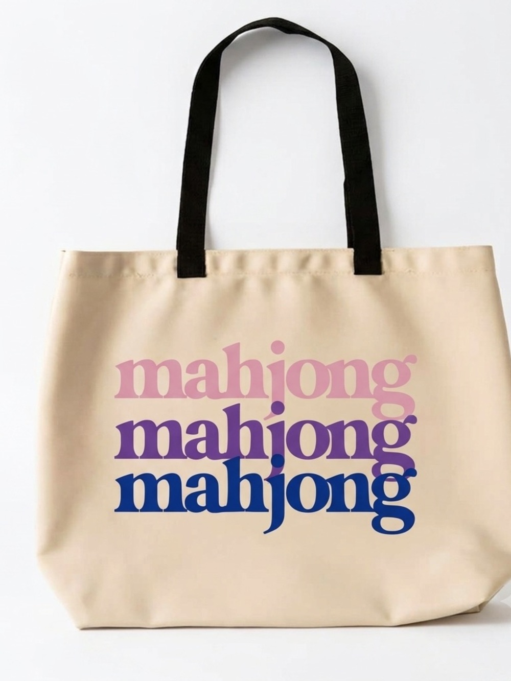 Canvas Mahjong Tote Bag in Cream with Pink & Blue Print